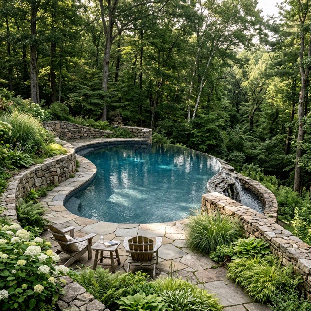 Freeform gunite pool set into a wooded stone landscape